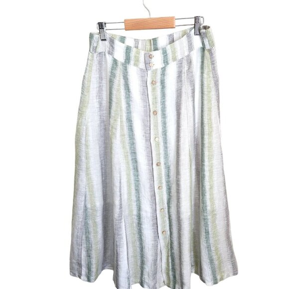 Tregene Dresses & Skirts - Tregene 100% Linen Maxi Skirt M Stripe Midi Lagenlook Button Front Coastal Gauzy